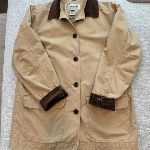 LL Bean Adirondack Chore Barn Coat Jacket Women’s Beige Corduroy Collar Cuff  L - Picture 13 of 15